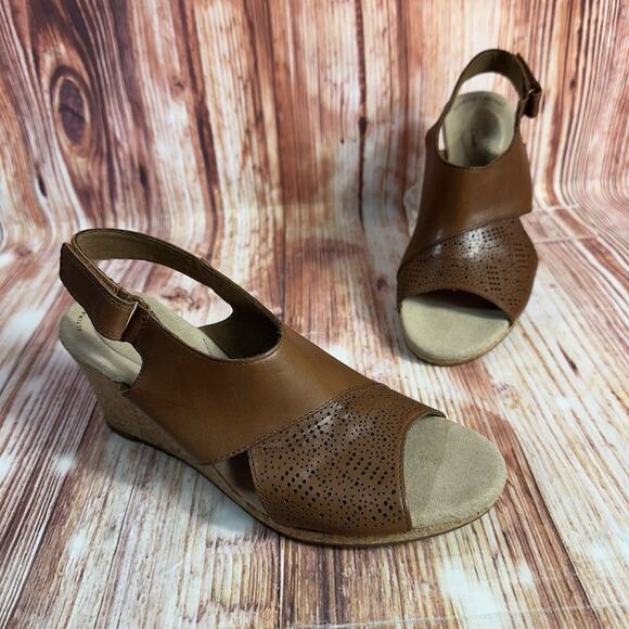 Clarks Shoes - Clarks LAFLEY JOY Size 8 Brown Leather Cork Wedge Heel Sandals Open Toe Shoes
